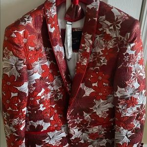 Red and white fitted jacket and matching bow tie.